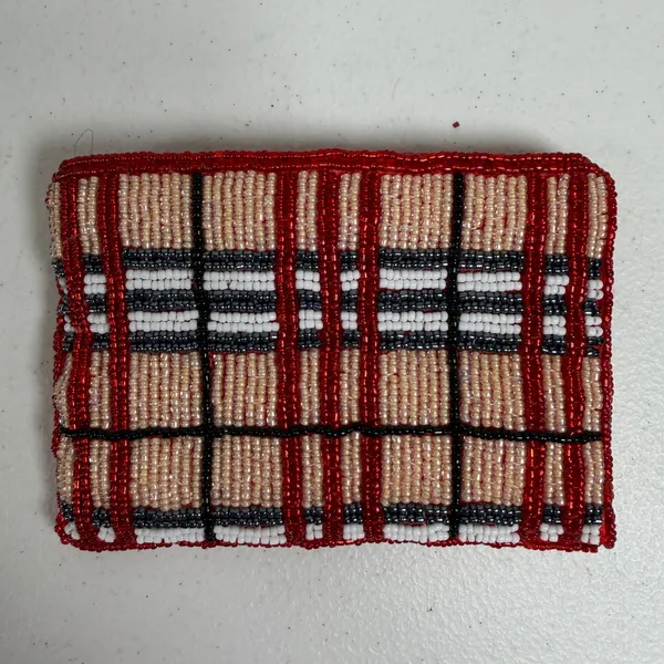 Vintage Coin Purse Plaid Beaded Red Tan White Black Zippered Card ID Pouch - Image 2