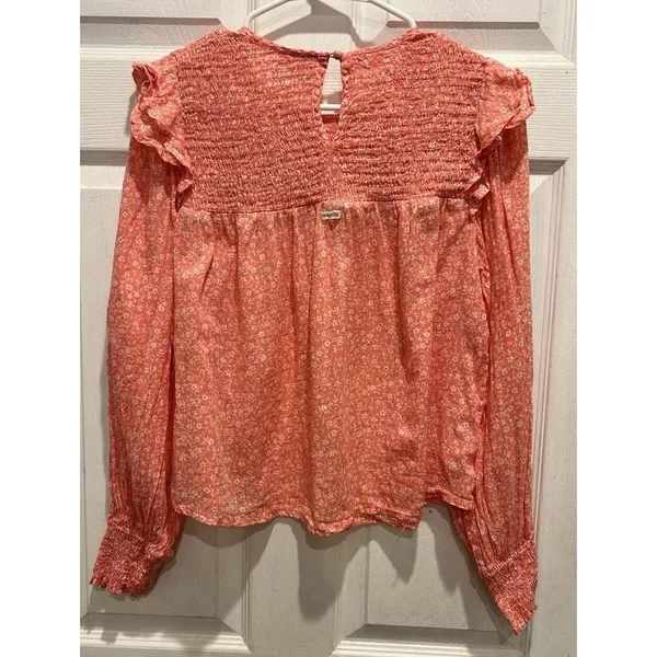 Billabong x Wrangler Womens Large Coral Floral Smocked Long Sleeve Blouse Ruffle - Image 6