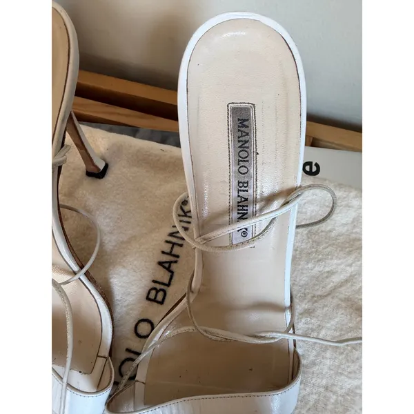 Manolo Blahnik White Leather Lace-Up Sandals Heels Size 37.5 - Image 3
