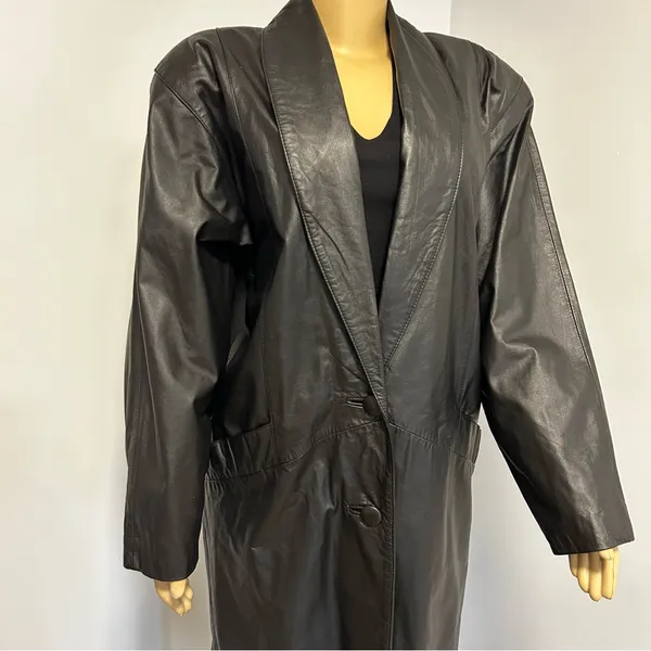 Comint‎ Leather Black Trench Coat Long Duster Jacket Womens Large C5087 Vintage - Image 2