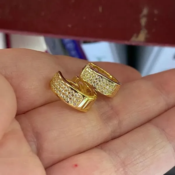 Micro Pave 14K CZ Sterling Silver Gold Hoop Earrings - Image 2