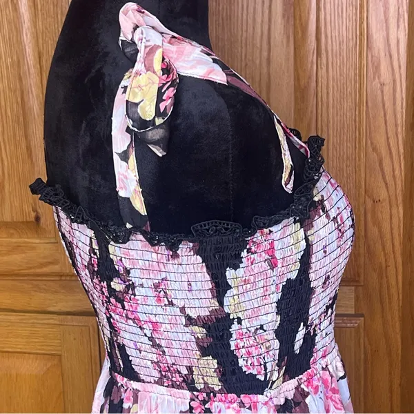 Lulus Wowing Wonder Black Floral Jacquard‎ Smocked Tie-Strap Tiered Midi Dress - Image 12