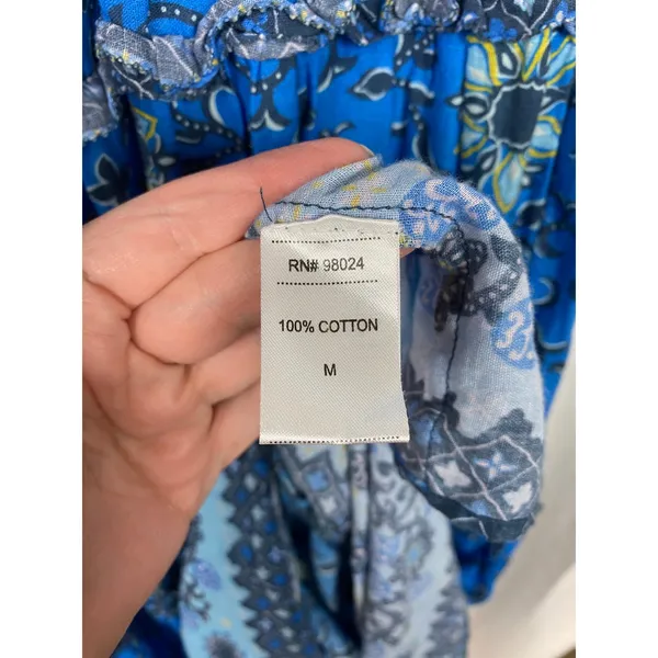 Love The Label Blue Floral Gaya Flutter Sleeve Cotton Tiered Maxi Dress Sz.M - Image 11