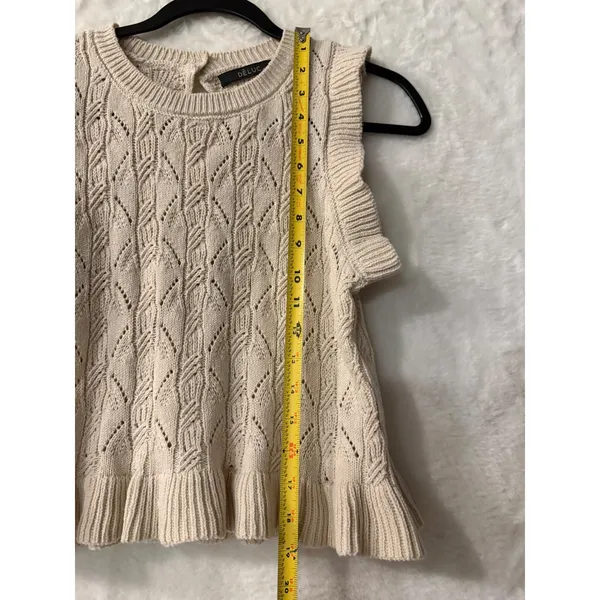 Deluc Cream Cable Knit Ruffle Sleeveless Sweater‎ Top Vest Beige Small 9297D - Image 2