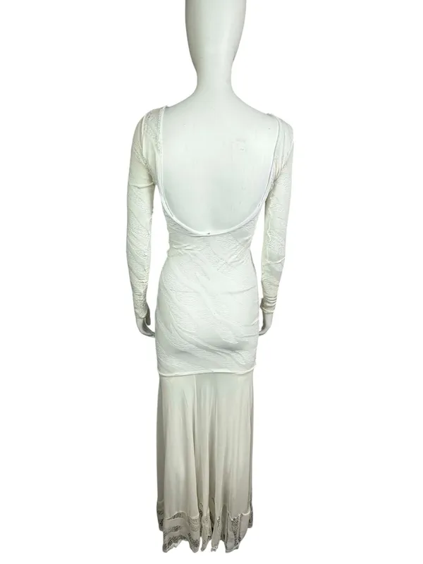 Auditions White Textures Mesh Long Sleeve Maxi Gown with Low Back and Lace Hem D - Image 2