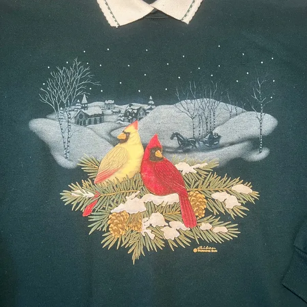 VTG 90s Morning Sun Cardinal Winter Scene Collared Sweatshirt Womens M Green - Image 2