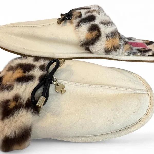 Kate Spade Lacey Slippers Women 8 Leopard Faux Fur Cream Bow Spade Charm Mule - Image 6