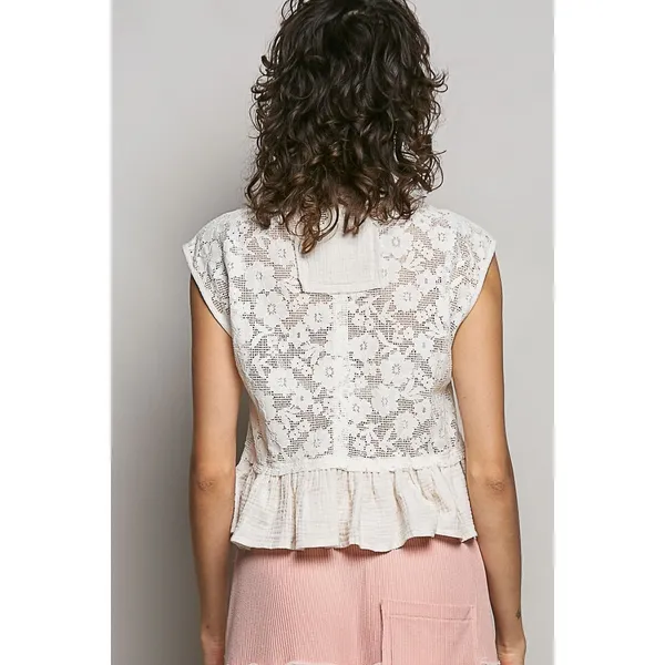POL Round Neck‎ Lace Sleeveless Top with Double Gauze Ruffle - Small - Image 4