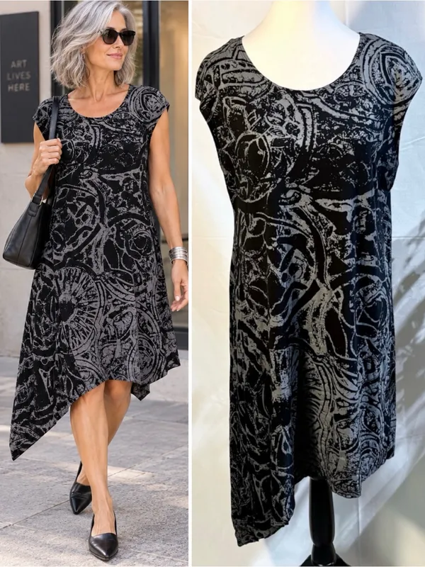 💥Bryn Walker Abstract Print Asymmetrical Tunic Dress Black Gray Stretch Sz L💛 - Image 2