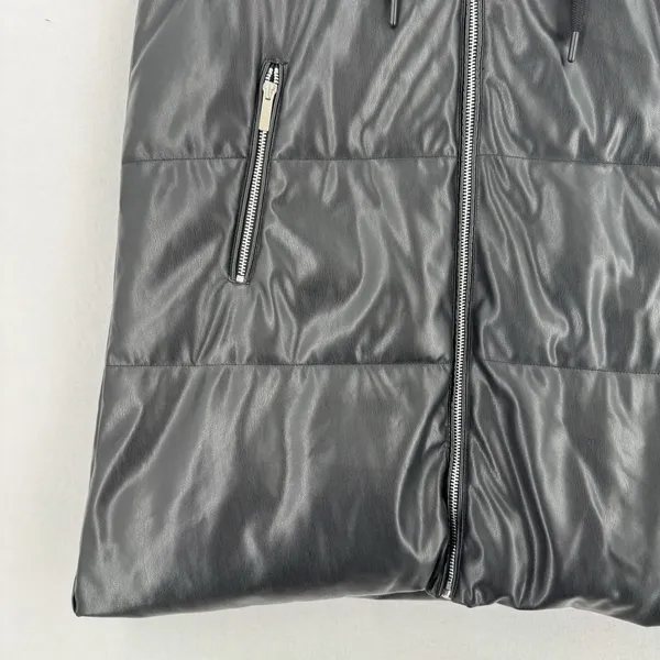Vigoss Women L Black Faux Leather Hooded Long Puffer Vest Zip Pockets Moto Edgy - Image 5