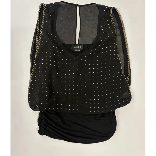 Bebe Black Rhinestone Studded Chain Trim Sleeveless Ruched Top Small - Image 6