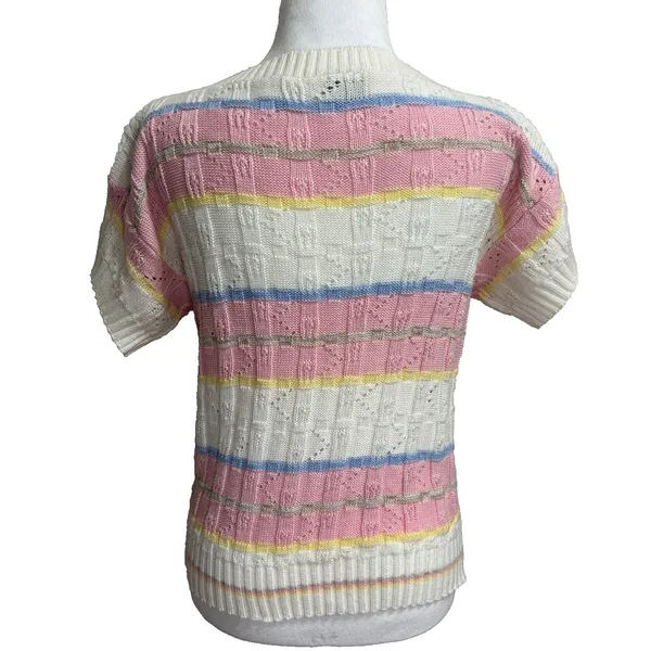 Keneth too! Vtg 80s‎ Knit Top Pastel Striped Pointelle Retro Grandma Cottage S - Image 4