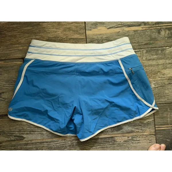 Lululemon Run In The Sun Shorts Blue White Trim Zipper Pocket Size 2 Liner Track - Image 7