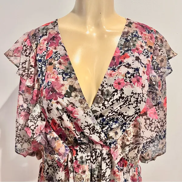 New Zara Floral Chiffon Dress Sz L Fit Flare Short Sleeves Mini Ruffle Wrap - Image 2