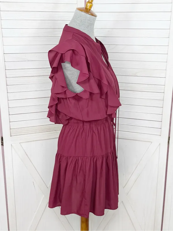 Pinch Isla Flutter Sleeve Tiered Mini Dress Burgundy Maroon Red Medium - Image 3