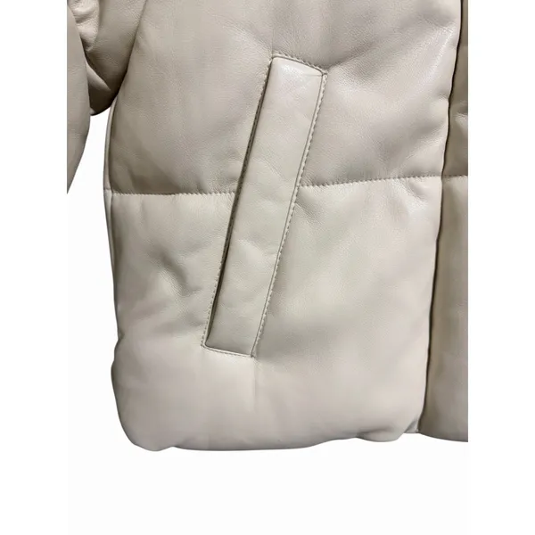 Abercrombie & Fitch Mini Puffer Vegan Leather Jacket Cream Women's Size‎ Small - Image 8