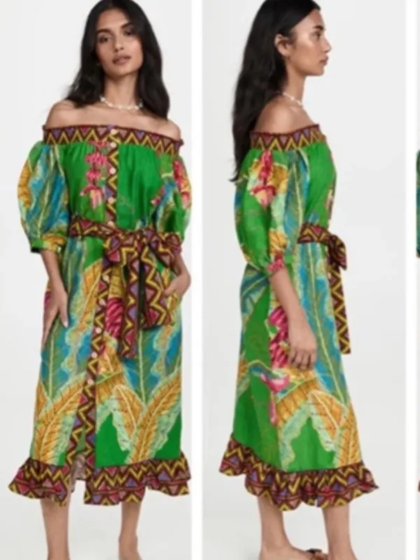 Farm Rio Banana Leaves Off-the-Shoulder Midi Dress Bright Colorful Size Small - Image 2