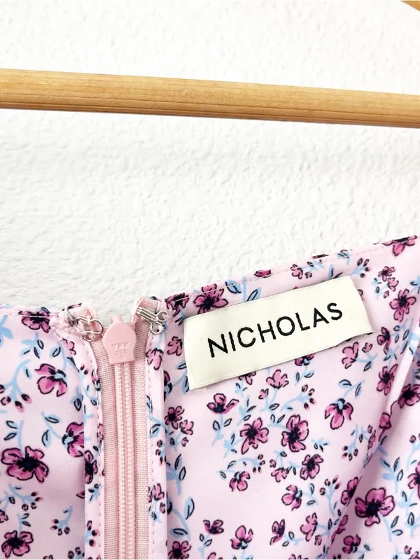 NICHOLAS Floral Ruched Mini Dress Size 4 Pink Purple Puff Sleeve Sweetheart - Image 3