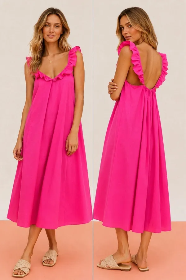 H&M NWT Hot Pink Flounce Trim Ruffle Strap Cotton Lightweight Midi Dress Size L - Image 2