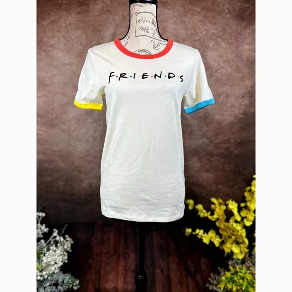 Friends Rainbow T-shirt Beige with Multicolor Neck and Cuffs M - Image 6
