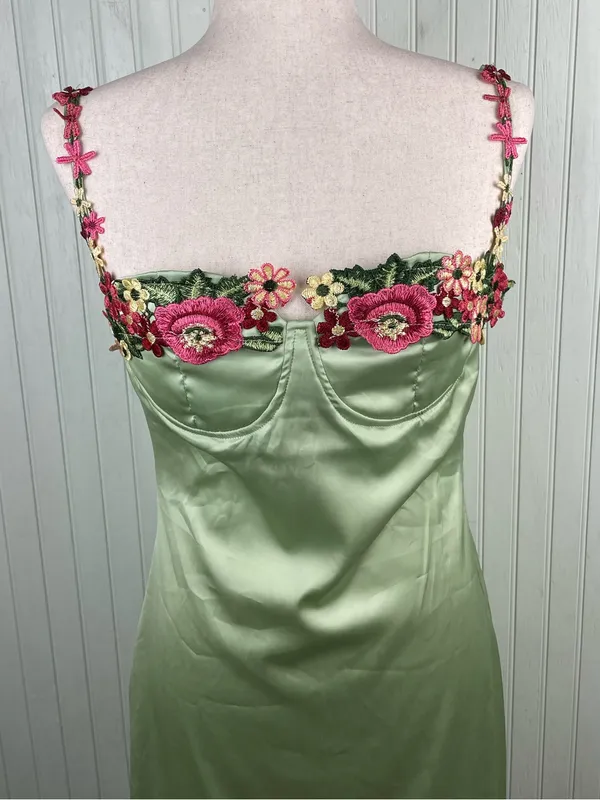 Y2K Fairycore Green Satin Slip Maxi Dress Size Medium Flower Strap Bodycon - Image 4