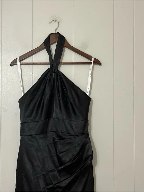 Azazie Zaya Black Satin Halter Maxi Dress Size A8 Formal Gown - Image 3