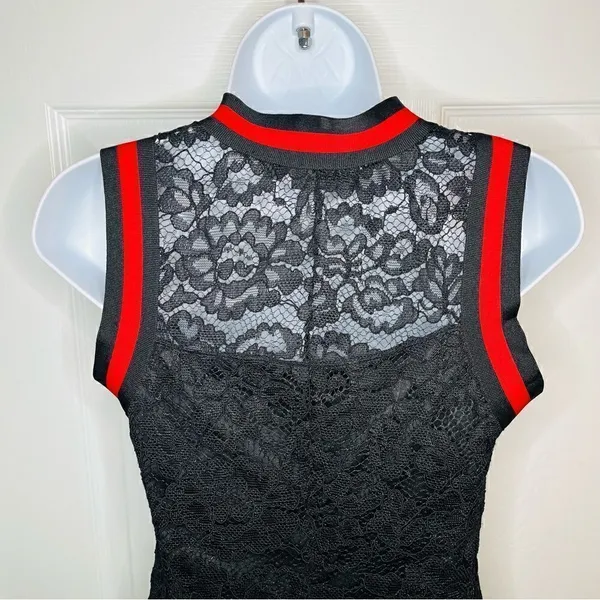 BAKU Fitted Black Lace Midi Dress Red Stripe Trim S - Image 9
