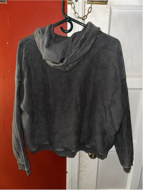 Aerie Gray Ribbed Corded Hoodie Cropped Textured Pullover Cozy Lounge Gorpcore - Image 5