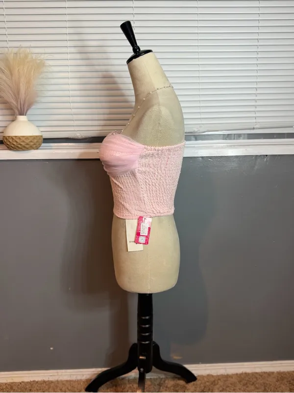 NWT Pink Tweed Bustier Tube Top Rhinestone Coquette Balletcore Corset Crop Top - Image 8
