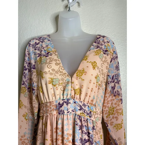 WAYF Small Maxi Dress Peach Floral Patchwork V Neck Bell Sleeve Tiered Boho Chic - Image 3