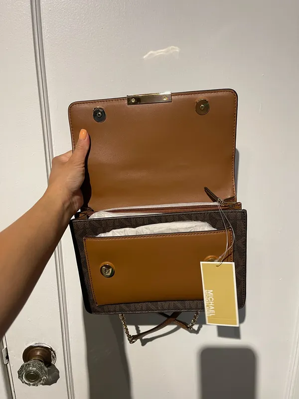 Michael Kors Brown Logo-Print Shoulder Bag with Light Brown Accent and Gold Chain - Image 4