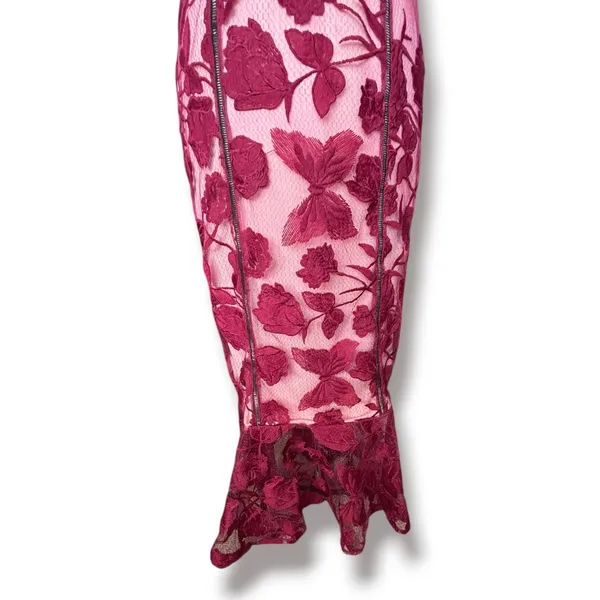 Lulus Alluring Dream Burgundy Floral Mesh Lace Trumpet Midi Dress Large Romantic - Image 5