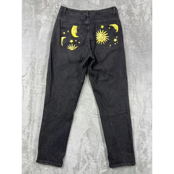 Womens M Graphic Yellow Sun Moon Stars Denim Black Straight Jeans Boho - Image 6