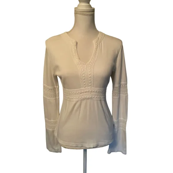 Vintage Prana Cream Blouse Womens Medium Used Organic Cotton Crochet Top - Image 3