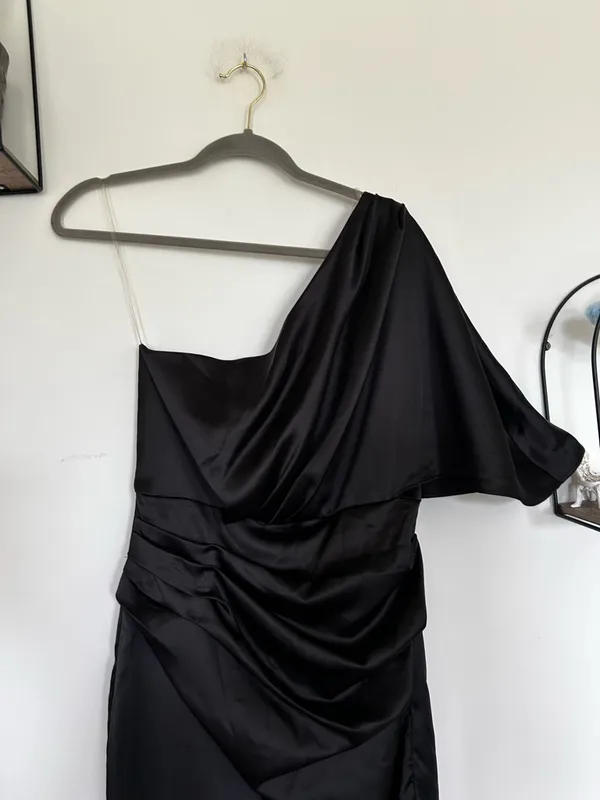 Do+Be Black One Shoulder Pleated Waist High‎ Low Midi Dress Size Medium - Image 4