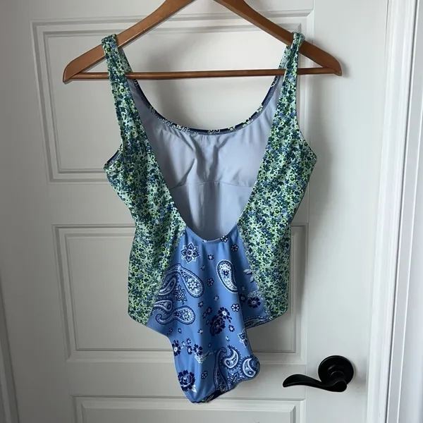 Aerie Blue Paisley Bandana Pattern One Piece Full coverage Bathing Suit Small - Image 3
