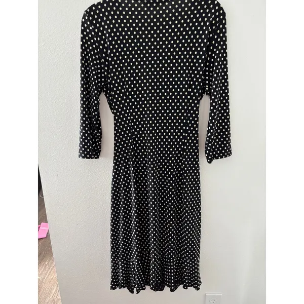 BCBGMAXAZRIA Polka Dot Wrap Dress Black White‎ 3/4 Sleeve Ruffle Hem Large - Image 2