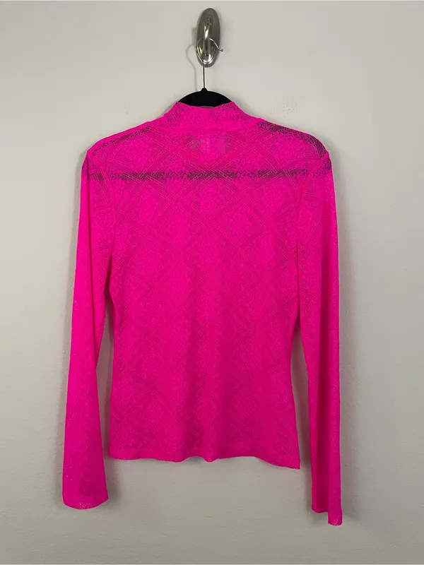 Anthropologie Bright Pink Floral Sheer Lace Long Sleeve Mock Neck Top Size Large - Image 7