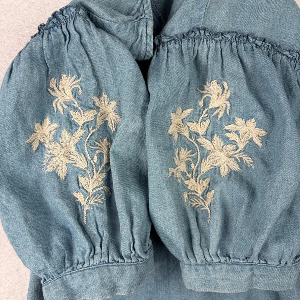 American Eagle Embroidered Denim Puff-Sleeve Top Women's S Boho Prairie Cottage - Image 5