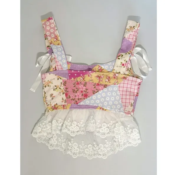 Pink Pastel Coquette Floral Patchwork Lace Bows Top Shirt Blouse Tee Size XS 🎀✨ - Image 4