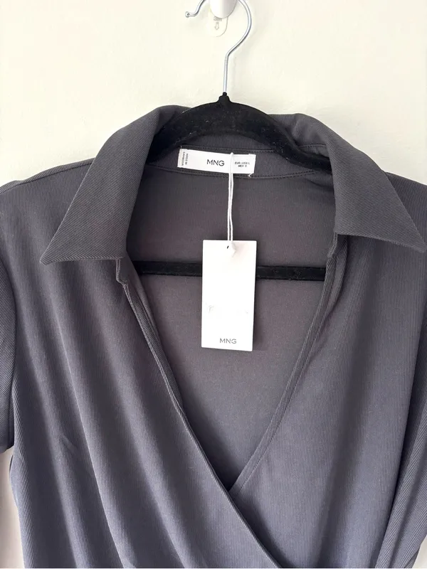 Mango Belinda Wrap Top Blouse V Neck Collared Charcoal Gray Ribbed NWT - Image 6