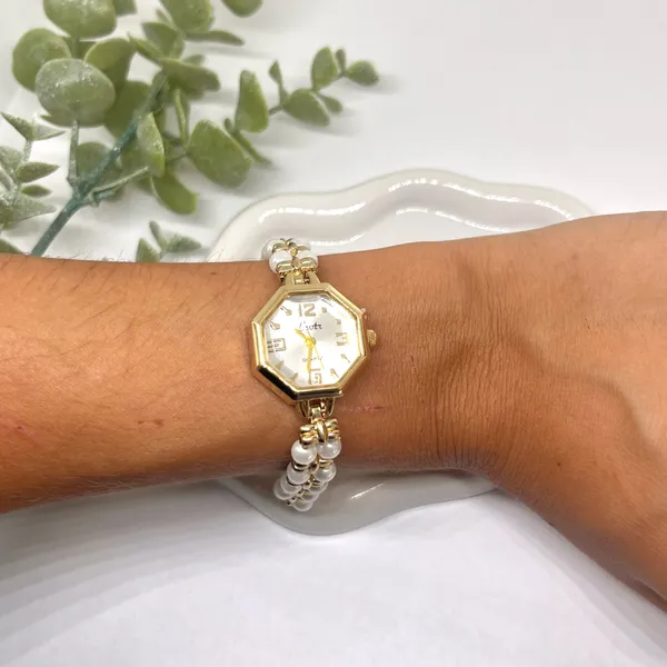 Dainty Gold Tone Pearl Watch - Image 3