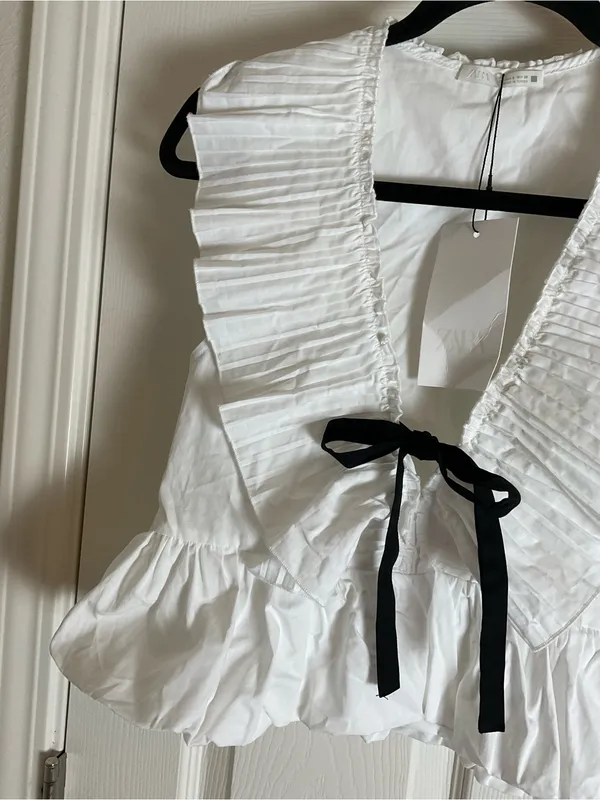 Zara White Ruffled Tie-Front Top Black Bow Coquette Size Small - Image 6