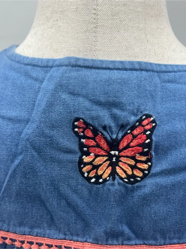 Go Softly Patio Blue Denim Butterfly Embroidered Dress House Duster Medium - Image 8