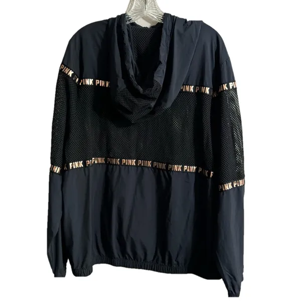 PINK Victorias Secret Zip Front Hooded Vented Jacket-Black/Gold-Polyester-SZ M/L - Image 6