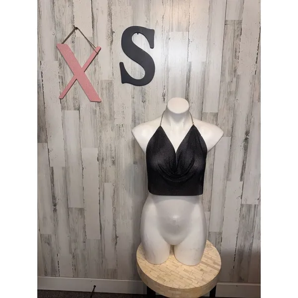 Black Rhinestone Mesh Cowl Neck Chain Backless Halter Crop Top Women's XS/S - Image 2