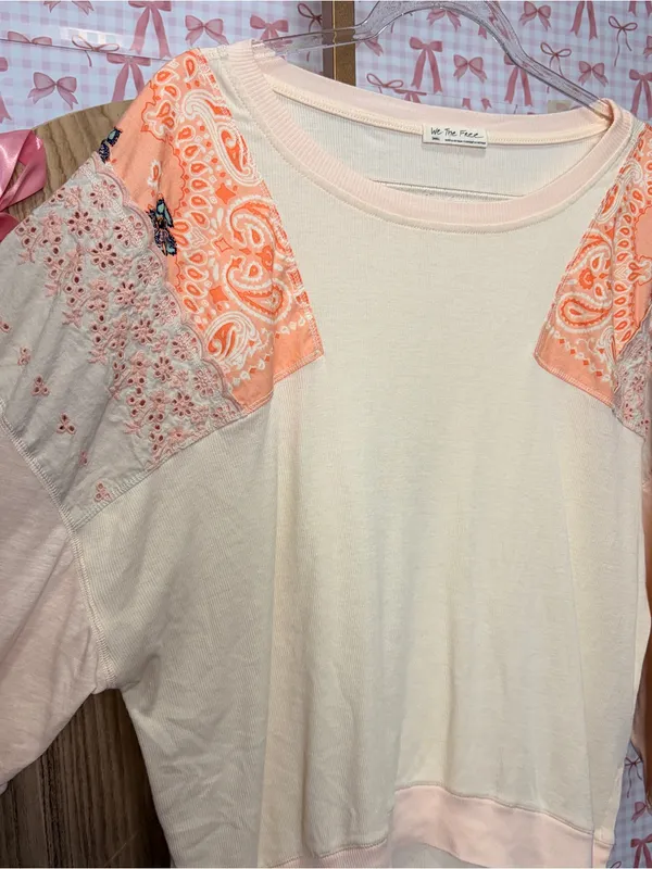 We the Free Feelin It Patchwork Paisley Peach Top Western Boho Free People Small - Image 2