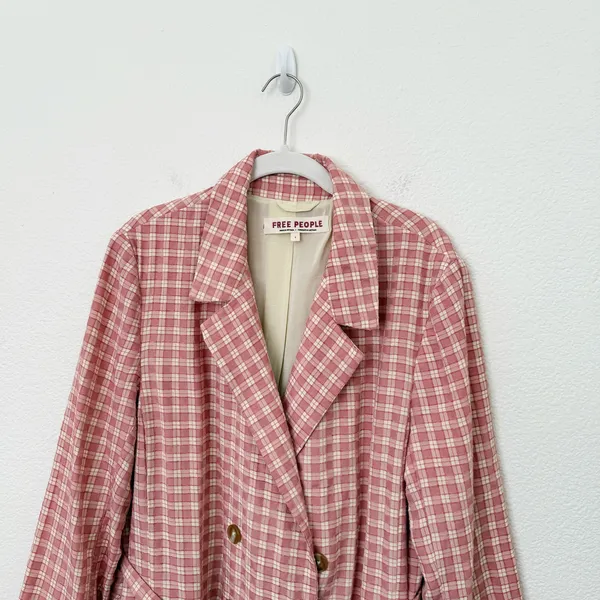 [Free People] Pink Olivia Gingham Plaid Oversized Double Breasted Blazer Large L - Image 5