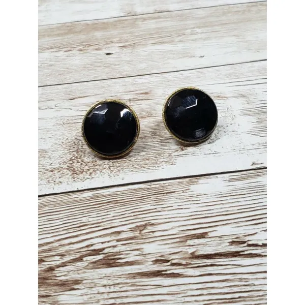 Vintage Clip On Earrings - Black Gem with Facets With A Gold Tone Halo - Image 2