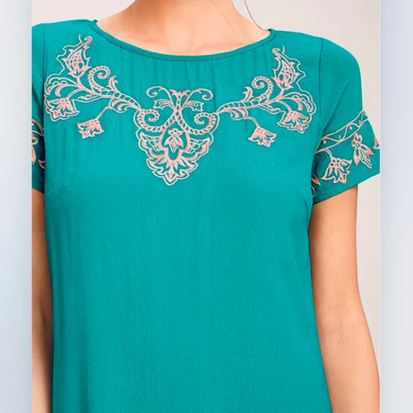 Lulus Tale to Tell Pink and Teal Green‎ Embroidered Shift Dress SMALL - Image 2